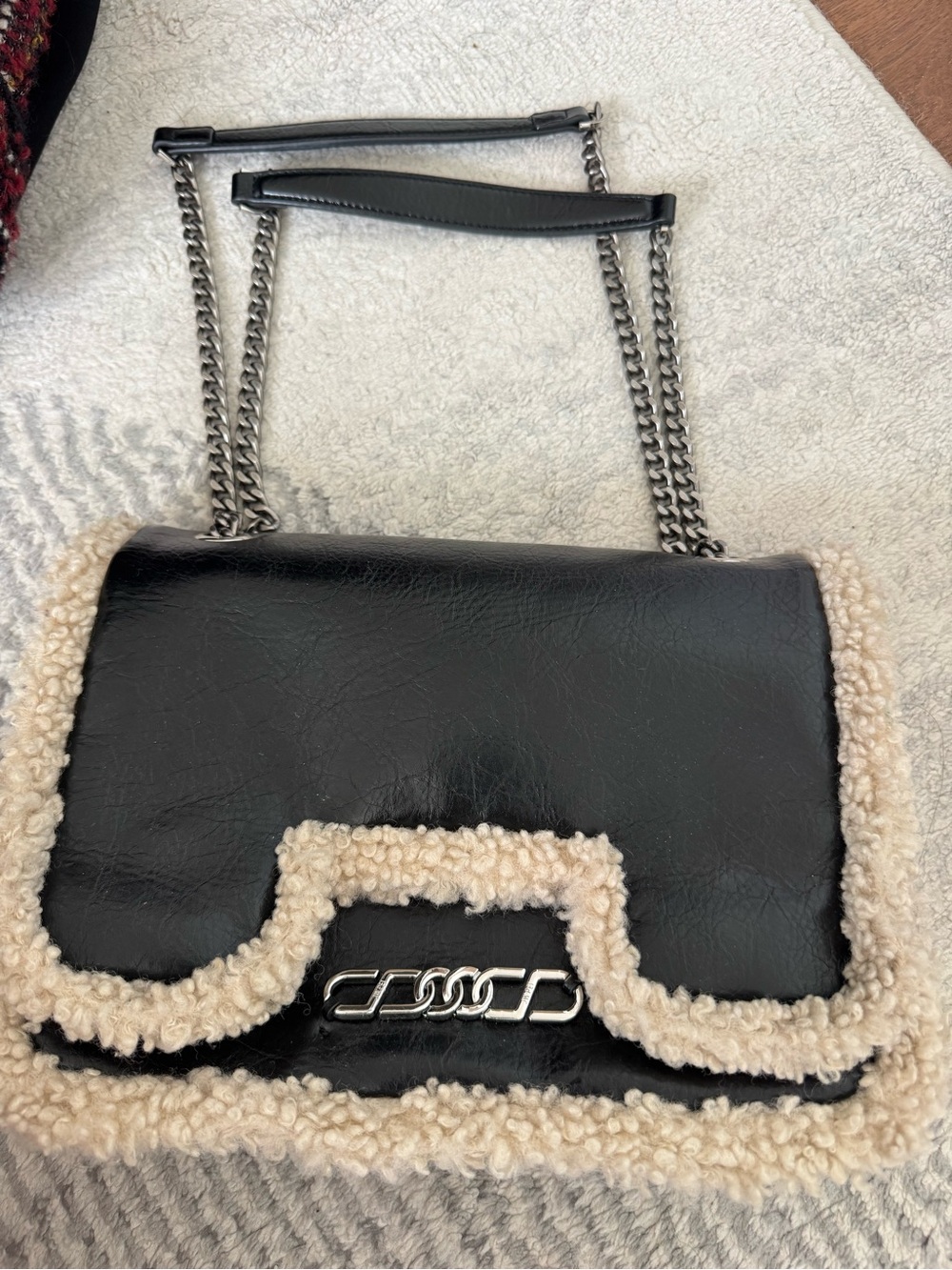 JW PEI Black Shoulder Bag with Cream Shearling Trim and Silver Chain